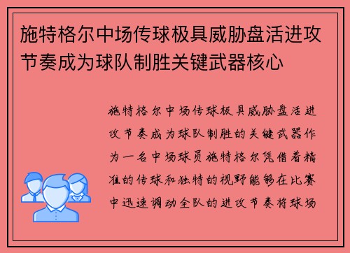 施特格尔中场传球极具威胁盘活进攻节奏成为球队制胜关键武器核心
